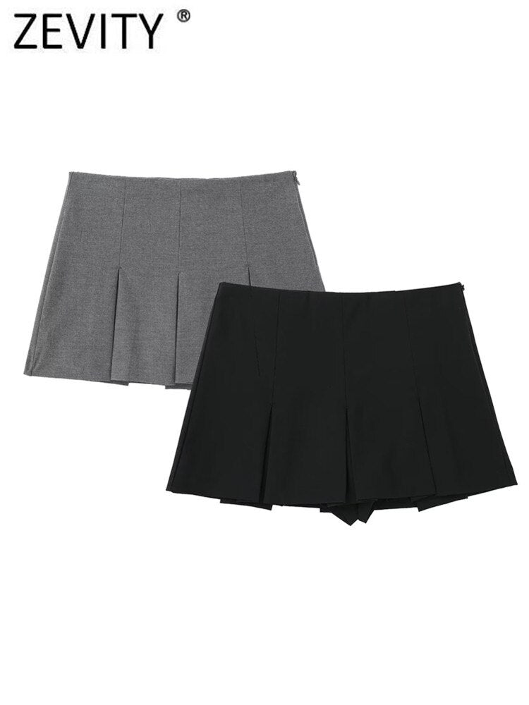Women High Waist Wide Pleats Design Slim Shorts Skirts Female Side Zipper Culottes Hot Shorts Chic Pantalone Cortos P2576