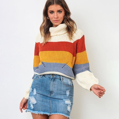 Patchwork Color Long Sleeve Knitted Pullover Sweater