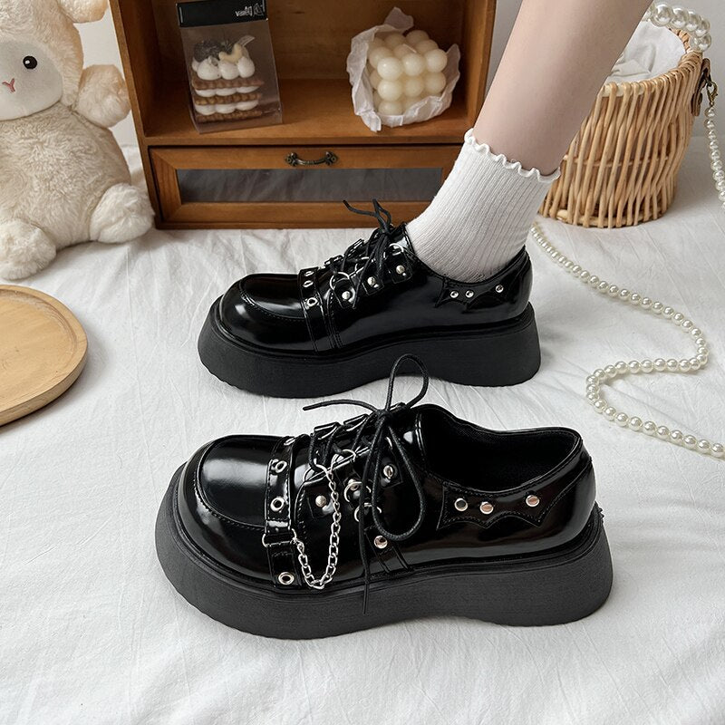 Retro Rivets Chains Chunky Platform Oxford Shoes For Women