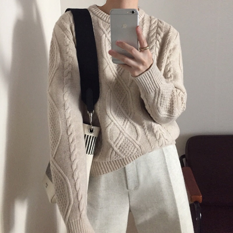 Winter Women Knitted Sweater Solid O