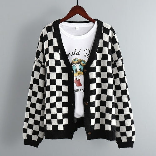 Checkerboard Plaid Vintage Knitted Single-breasted Women's Sweater