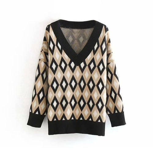 Geometric Print Women Knitted Sweater V Neck