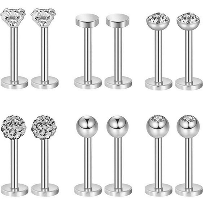 12PCS Stainless Steel Labret Piercing 16G Lip Ring Crystal Lip Helix Piercing Tragus Earring Cartilage Stud Body Pircing Jewelry