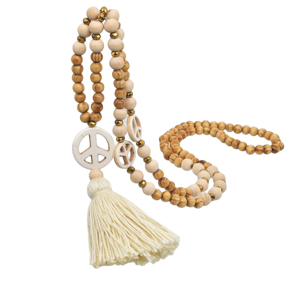 Peace Pendant Necklace for Women Boho Aesthetic Tassel Accessories Vintage Wooden Beads Jewelry Bohemia Sweater Chain Gift
