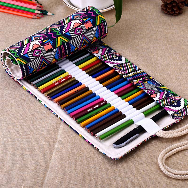 12/24/36/48 Holes Roll Colored Art Pencil Case Kawaii School Students Supplies Paint Brush Pen Bag Cute Pencil Cases Stationery