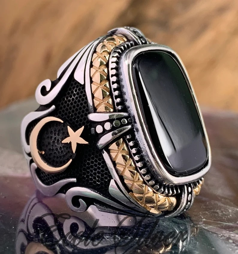 Retro Handmade Turkish Signet Rings For Men Ancient Silver Carved Eagle Ring Mystic Zircon Inlay Punk Motor Biker Ring