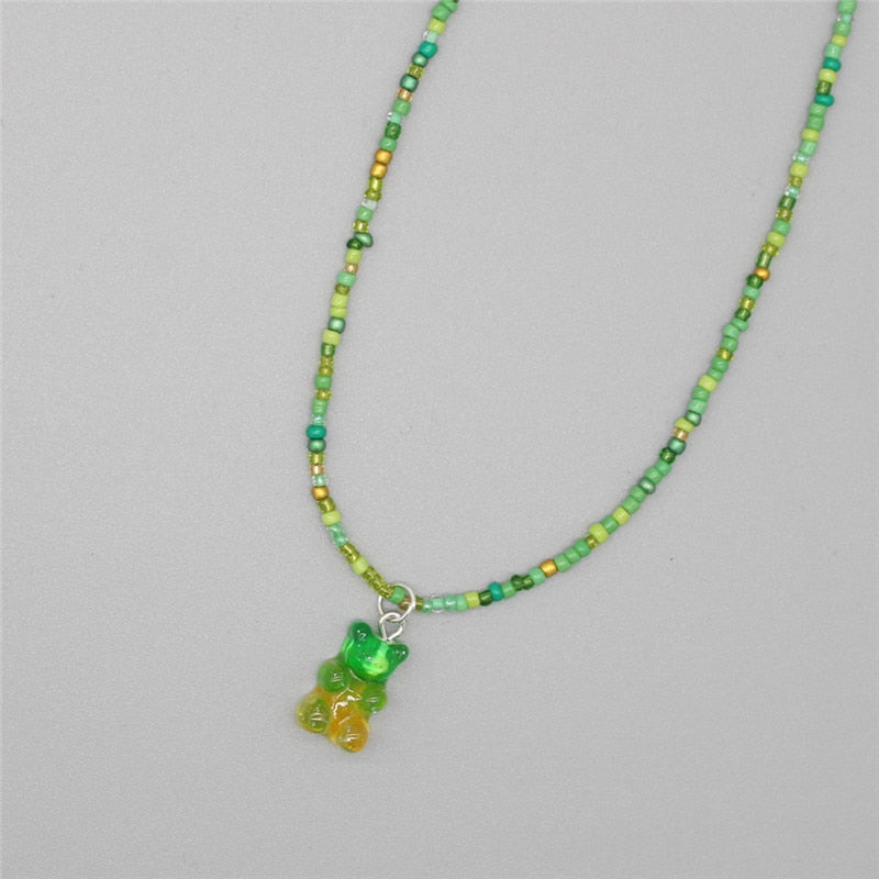Bohemia Korean Lover Colorful Gummy Bear Pendant Choker Resin Multicolor Rice Beaded Necklace for Women Girls Gifts