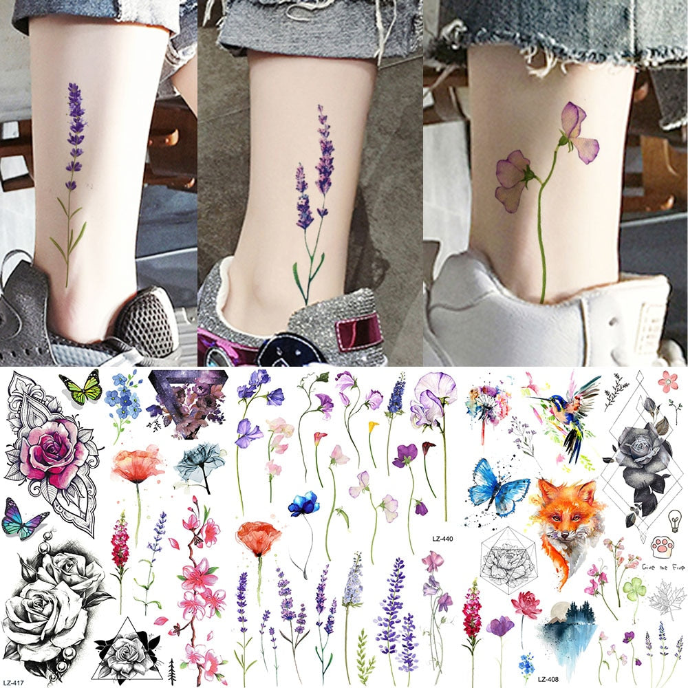 Ankle Flora Cherry Lavender Flash Fake Waterproof Tattoos Temporary Women Arm Chest Tattoo Stickers Body Art Custom Tatoos