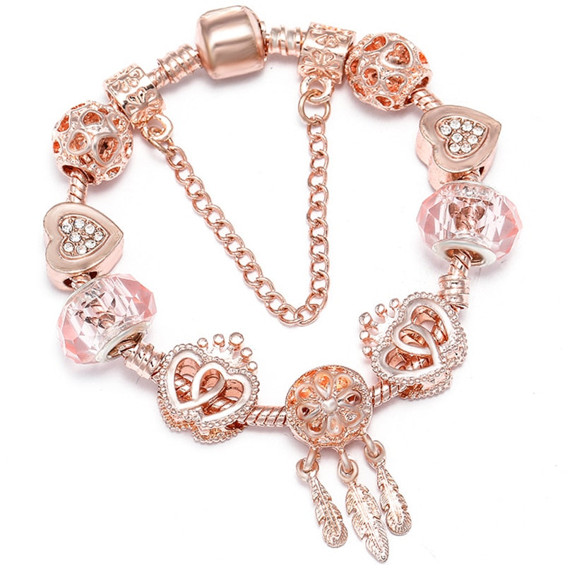 Heart Key Pendant Rose Gold Color Fine Bracelets Bangles Ferris Wheel Beads Charm Bracelet For Women Jewelry Gift 16-17Cm