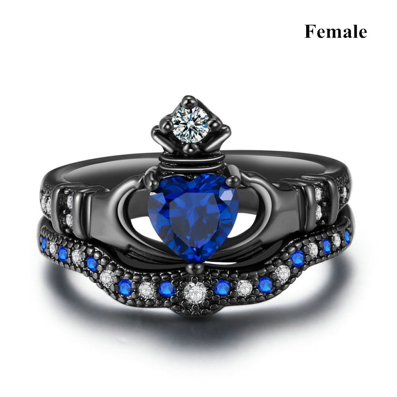 Charm Couple Ring Stainless Steel Black Mens Ring Blue Zircon Womens Ring Sets Valentines Day Wedding Bands
