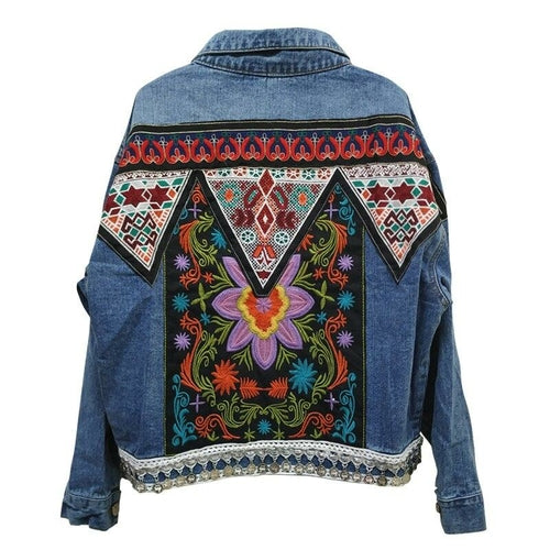 Jacket Boho Denim Women Floral Appliques Embroidery Vintage Coat