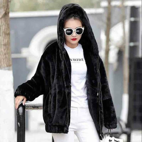 Plush Thickening Faux Rabbit Fur Hooded Jacket Women