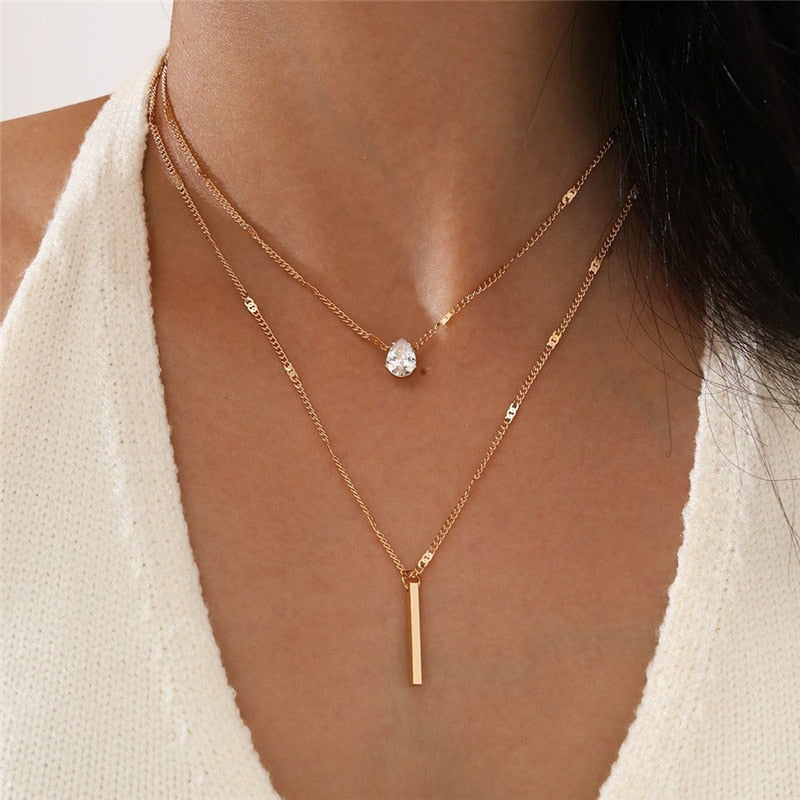 Simple Crystal Geometric Gold Color Pendant Necklace Set for Women Charms Fashion Square Rhinestone Female Vintage Jewelry