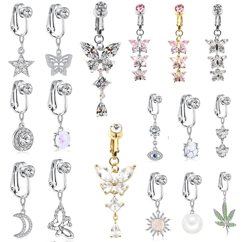 Faux Fake Belly Butterfly Fake Belly Piercing Heart Clip On Umbilical Navel Fake Pircing Butterfly Leaves Cartilage Earring Clip
