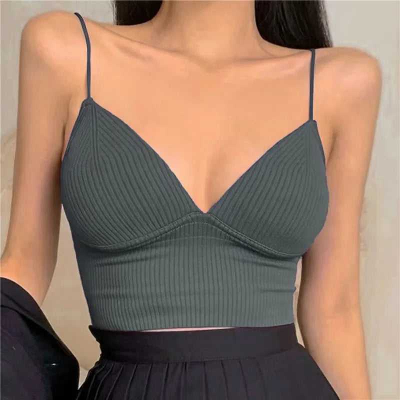 Women Crop Top Sexy Solid Color Sleeveless Straps Tank Tops Ribbed Slim Camis with Bra Basic Underwear Lingerie Padded Bra Tops