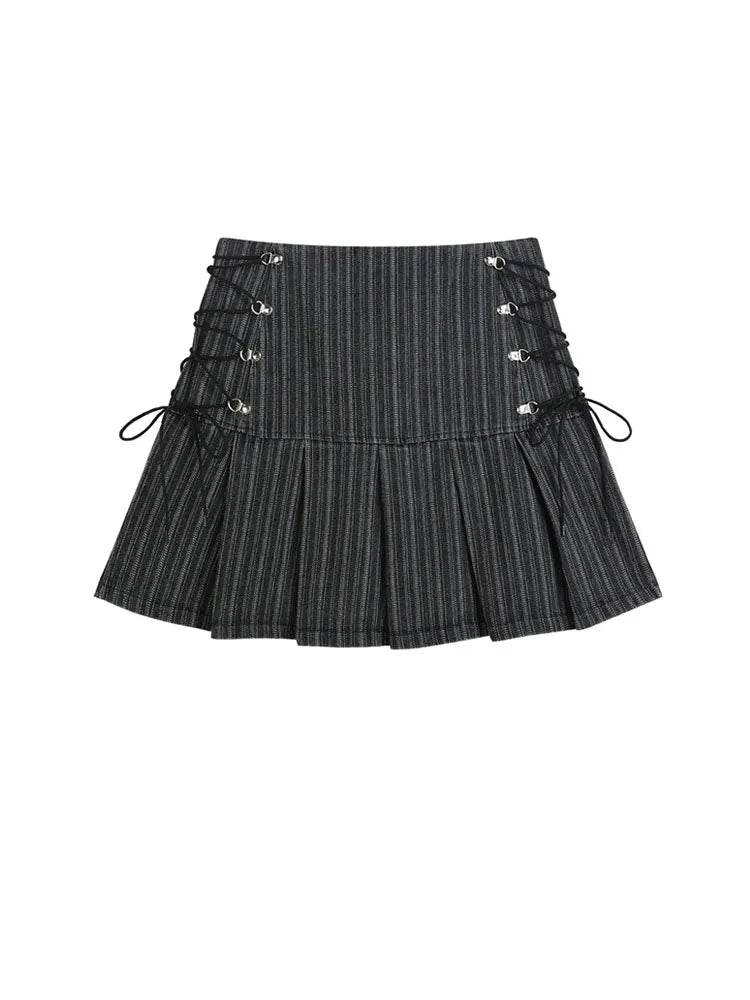 Y2k Pleated Skirt Women Sexy High Waist Grey Stripe Bandage Mini Skirts 2022 Summer New A Line Skirt Vintage Harajuku Streetwar