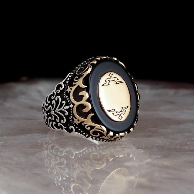 Vintage Turkish Signet Ring For Men Women Antique Silver Carved Eagle Ring Inlaid Green Zircon locomotive Punk Ring