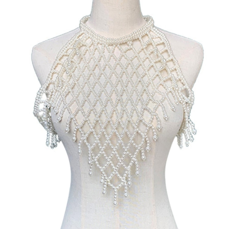 Women Imitation Pearl Beaded Bib Choker Necklace Body Chain Shawl Collar Jewelry Apparel DIY Craft