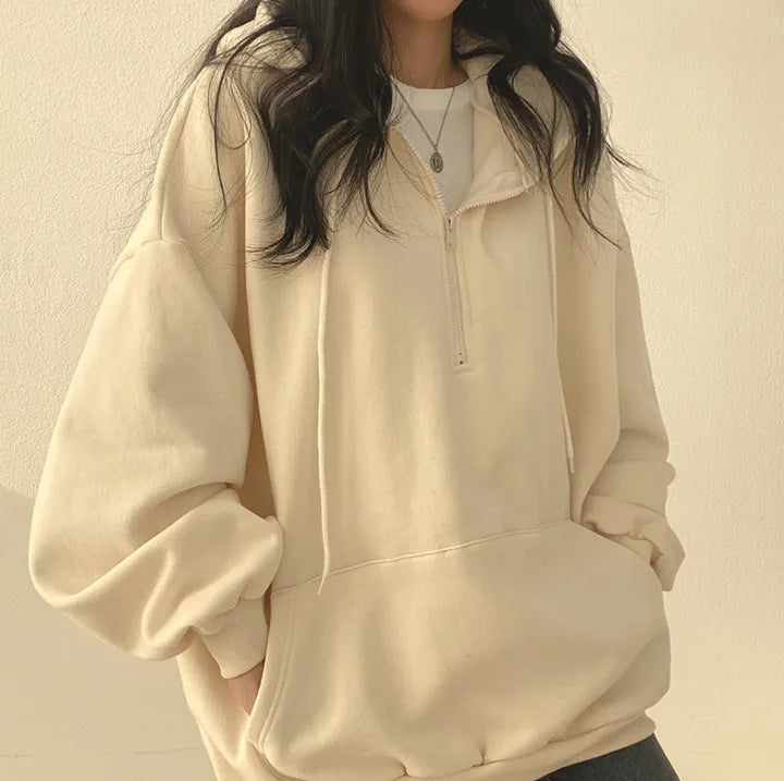 Women Hoodie Harajuku Loose Oversized Solid Color Top Half Zip Up Sweatshirt Female Casual Long Sleeve Pocket Hooded Coats 2023