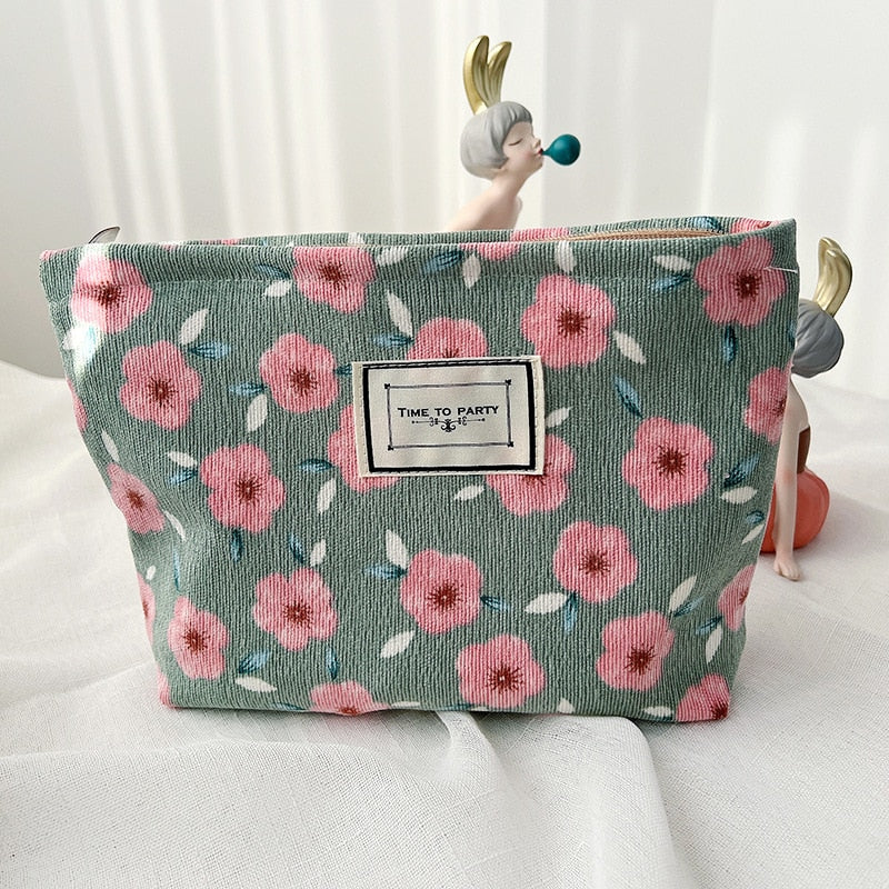 Corduroy Make Up Organizer Clutch Bag Retro Flower Print Cosmetic Bag Wash Bag Women Travel Cosmetic Pouch Beauty Storage Cases