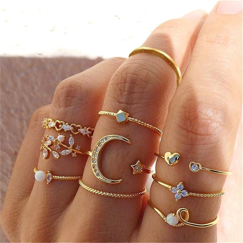 Bohemian Midi Knuckle Ring Set For Women Gold Crystal Heart Flower Moon Geometric Finger Rings Jewelry Gifts