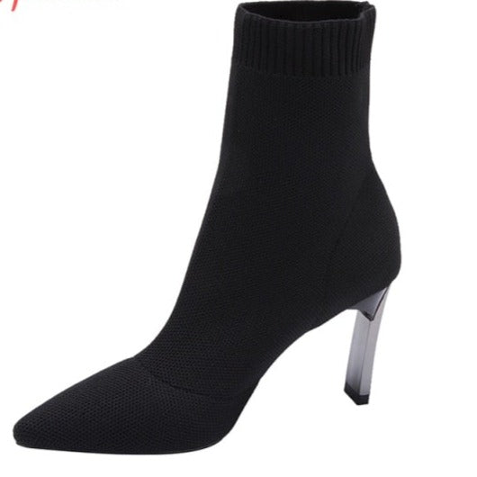 Metal Blade Heels Socks Boots Women Stretch Fabric Elastic Stilettos Heel Pointed Toe Ankle Boots Shoes Woman Boats