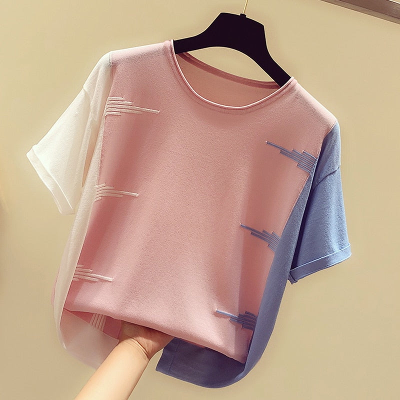 Casual Woman T-Shirts | Women Sports Short Sleeve | Beach Shirt | O-Neck T Shirts | Summer Thin Knitted T-Shirt | Hit Color Tops Tee Shirt - BonoGifts