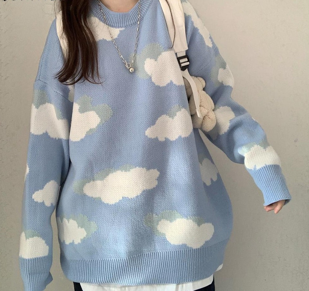 Cloud Print Long Sleeve Sweater | Korean Style Sweater | Girls Casual Sweater | Crew Neck Cloud Print Sweater | Knitted Cloudy Women Sweater - BonoGifts
