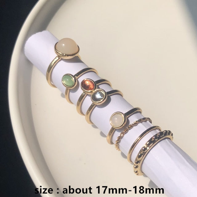 Vintage Summer 8Pcs/Set Fairy Friends Colorful Stone Metalic Fashion Finger Rings Korea Hit Rings for Women Girl Party - BonoGifts