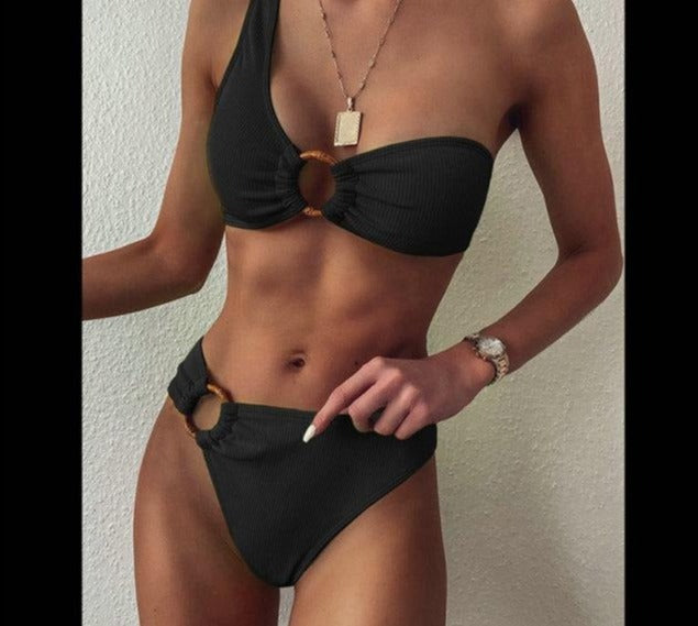 One Shoulder Bikini Women's Swimsuit High Waist Swimwear Sexy Rings Biquini Black Ribbed Beachwear 2021 Brazilian Bikinis - BonoGifts