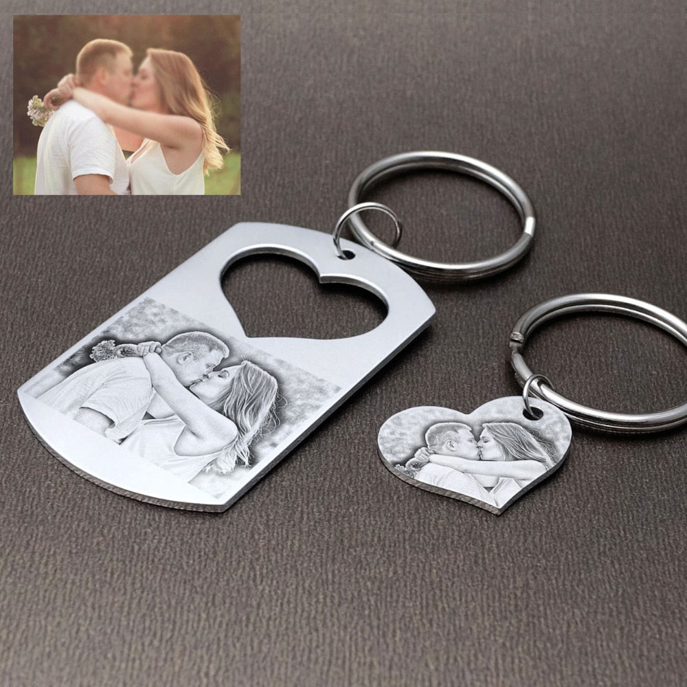 2Pcs/Set Personalized Photo Keychain Custom Couple Keychain Heart Keyrings Women Jewelry Valentine's Day Gift for Her Him