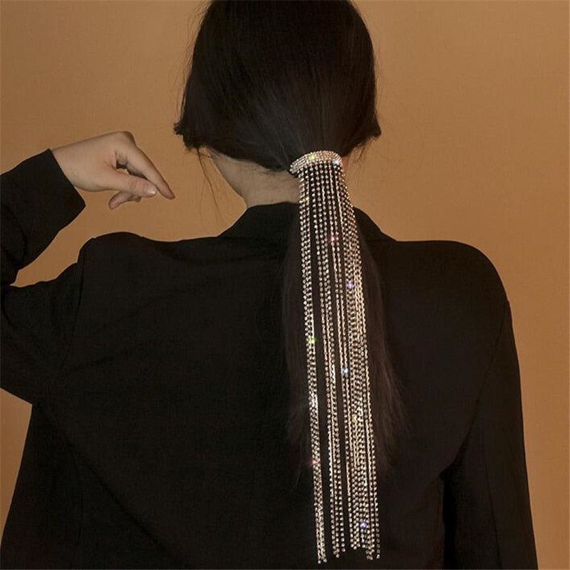Long Tassel Hairclip | Tassel Hairpin | Rhinestone Bling Long Tassel Clip | Hairpin for Women | Crystal Pony Tail Holder | Weddings Jewelry