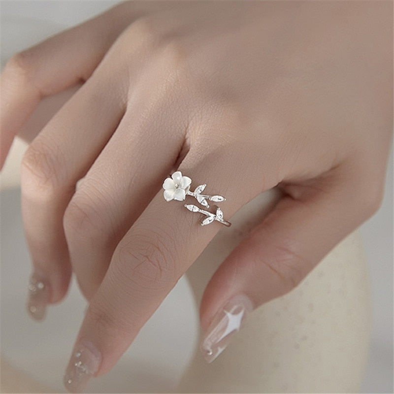 925 Sterling Silver Zircon Leaf Shell Flower Finger Ring Jewelry For Women Girls Christmas Gift Adjustable Ring  jz077