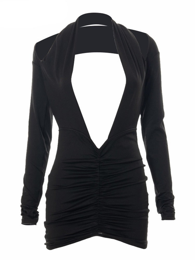 платье женское Pure Black Sexy Cutout Dress Long Sleeve Backless Halter Mini Dress на новый год vestidos de fiesta