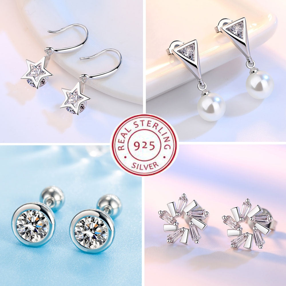 925 Sterling Silver Female Luxury Crystal Round Stud Earrings Vintage Wedding Jewelry White Zircon Stone Earrings Wholesale