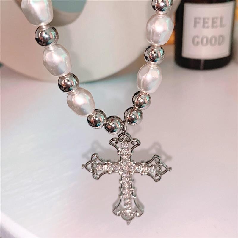 Trendy Pearl Cross Pendant Necklace Hip Hop Retro Men Women Religious Jewelry Boys Girls Anniversary Party Birthday Gifts