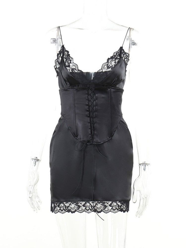 Black Sexy Lace Spaghetti Strap Mini Dress For Women Elegant V Neck Sleeveless Bodycon Corset Short Dress Vestidos