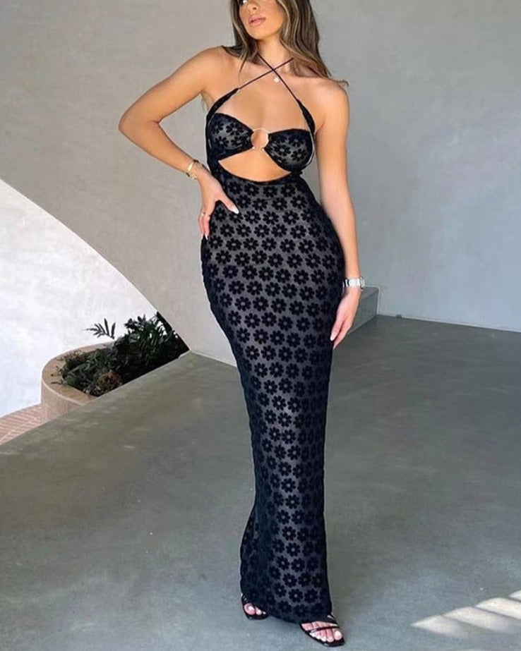 Dresses Women Maxi Dress Solid Color Hanging Neck Sexy Hollow Perspective Bag Hips Robe Female Trendy Clothing