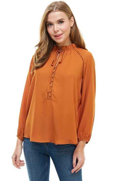 Lattice Trimmed Long Sleeves Tie Neck Blouse