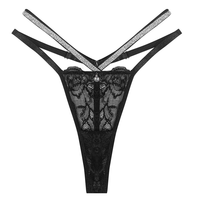 Women Sexy Lace Panties Lingerie Rhinestone See Through Female Underwear Low Waist Thongs Gstring Sensual Lenceria Mujer T-back