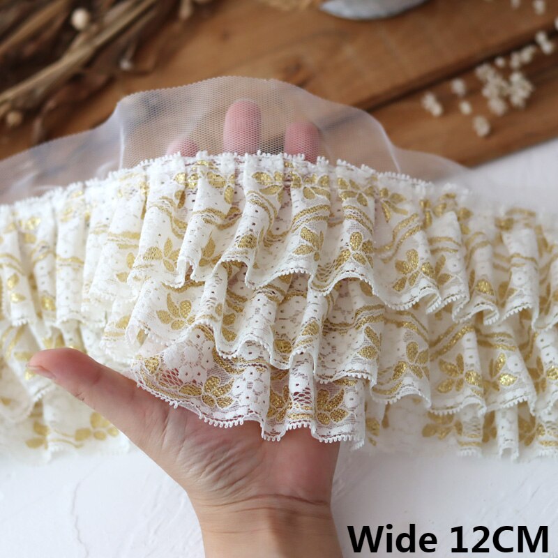 12cm Wide Luxury Three Layers Glitter Golden Embroidered Mesh Fabric