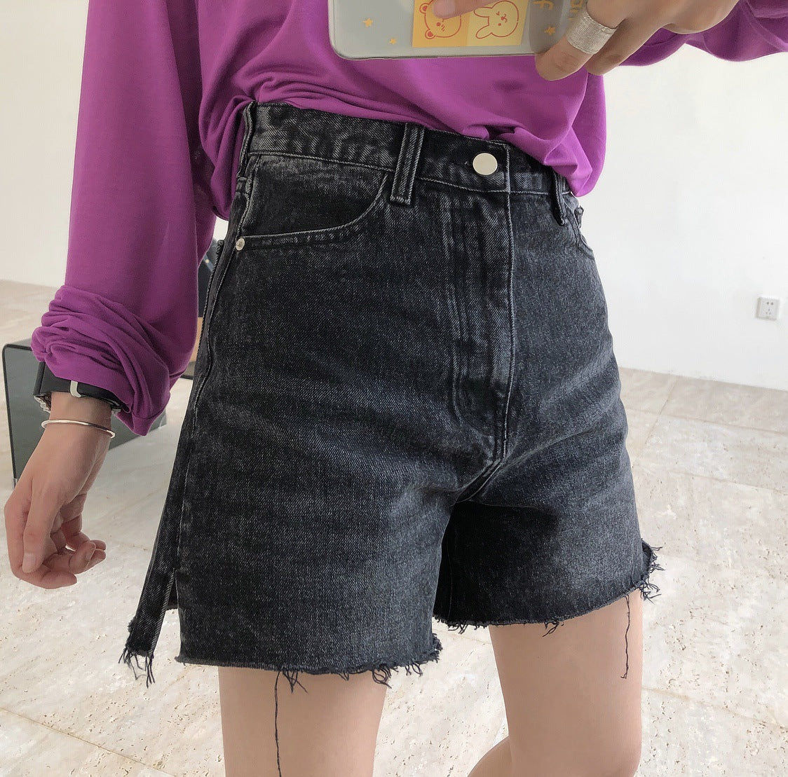 Summer retro street high waist denim shorts A word loose wide-legged thin wool pants women