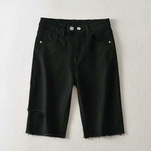 Women Frayed Denim Mid-length Denim Pants