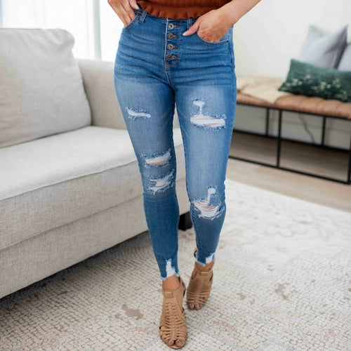 High-rise Skinny Destructed Exposed Button Denim