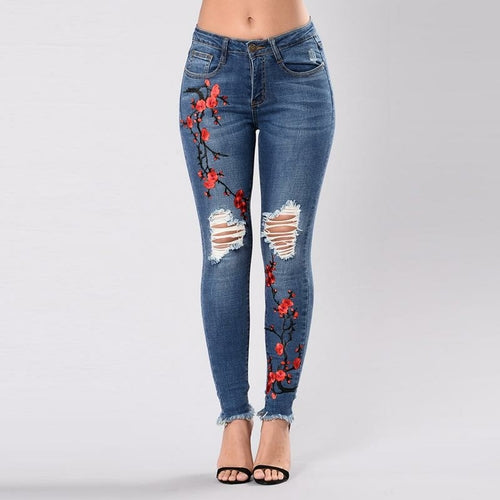 hole embroidered high-elastic denim women's trousers