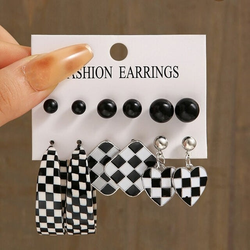 Heart Checkerboard Dangle Earrings Set Irregular Quadrate Twist