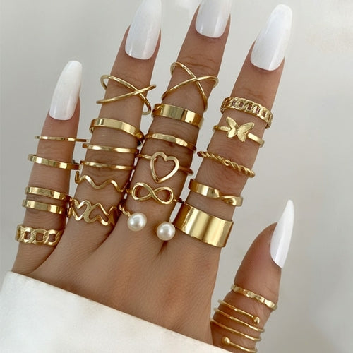 Conjunto de anillos de color dorado perla Anillos de mariposa vintage para mujer