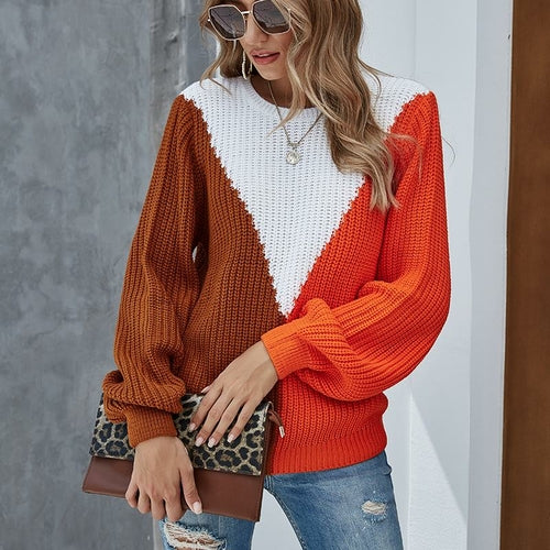 Long Sleeve Knitted Patchwork Hit Color Sweater Pullover