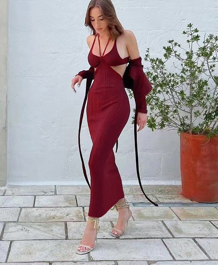 Autumn Sexy Two Piece Set Women Hipster Turndown Collar Long Sleeve Jackets +Halter Cutout Maxi Dress Female Suit Outfits