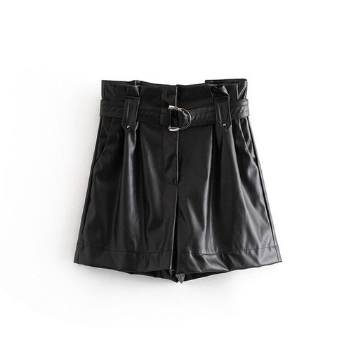 Pu Leather Shorts Women High Waist Black